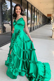 Green Ruffles Spaghetti Straps A Line Prom Dress with Slit