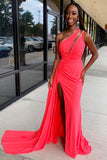Coral One-shoulder Pleated Tight Prom Dress with Slit