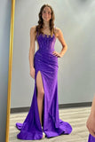 Sparkly Violet Beaded Corset Tight Prom Dress with Slit