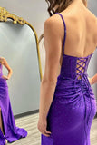 Sparkly Violet Beaded Corset Tight Prom Dress with Slit