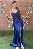 Light Blue Appliques Corset Pleated Prom Dress with Slit