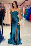 Light Blue Appliques Corset Pleated Prom Dress with Slit