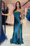 Light Blue Appliques Corset Pleated Prom Dress with Slit