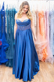Royal Blue Corset Beaded Puls Size A Line Prom Dress with Slit