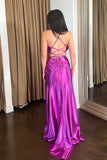 Purple Pleated Tight Slit Prom Dress with Lace-up Back