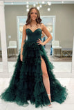 Dark Green Tiered Corset Tulle A Line Prom Dress with Slit