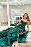 Dark Green Tiered Corset Tulle A Line Prom Dress with Slit