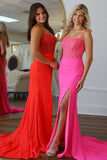 Fuchsia Spaghetti Straps Mermaid Long Corset Prom Dress with Slit