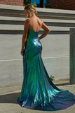 Dark Green Hollow-out Metallic Luster Pleated Prom Dress with Slit