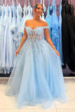 Sparkly Sky Blue Off The Shoulder A Line Corset Prom Dress