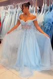 Sparkly Sky Blue Off The Shoulder A Line Corset Prom Dress