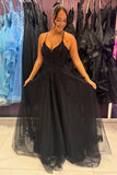 Black Appliques Corset A Line Spaghetti Straps Prom Dress