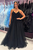 Black Appliques Corset A Line Spaghetti Straps Prom Dress