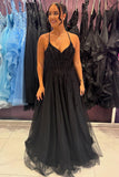 Black Appliques Corset A Line Spaghetti Straps Prom Dress