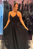 Black Appliques Corset A Line Spaghetti Straps Prom Dress