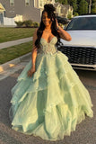 Sage Appliques Corset Tiered Tulle Prom Dress
