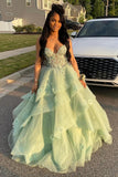 Sage Appliques Corset Tiered Tulle Prom Dress