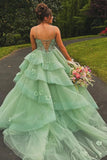Sage Appliques Corset Tiered Tulle Prom Dress