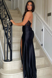 Halter Corset Tight Black Prom Dress with Slit