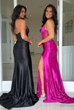 Halter Corset Tight Black Prom Dress with Slit