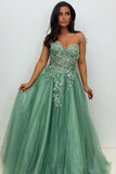 Sparkly Appliques Sage Corset Strapless Prom Dress