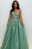 Sparkly Appliques Sage Corset Strapless Prom Dress