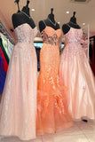 Mermaid Appliques Corset Orange Spaghetti Straps Prom Dress