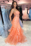 Mermaid Appliques Corset Orange Spaghetti Straps Prom Dress