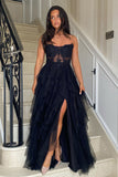 Black Corset Tiered Tulle A Line Prom Dress with Slit
