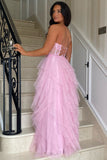 Black Corset Tiered Tulle A Line Prom Dress with Slit