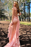 Ruffled Blush Tight Lace-up Back Prom Dress with Slit