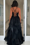 Glitter Black Beaded Corset Tulle A Line Prom Dress