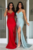 Sparkly Royal Blue Beaded Corset Tight Prom Dress with Slit