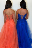 Appliques Orange Corset Tulle A Line Prom Dress