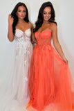 Appliques Orange Corset Tulle A Line Prom Dress