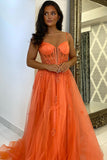 Appliques Orange Corset Tulle A Line Prom Dress