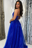 Sparkly Beaded Royal Blue Corset Tulle A Line Prom Dress with Slit