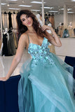 Appliques Blue Corset Organza A Line Prom Dress