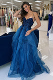Appliques Blue Corset Organza A Line Prom Dress
