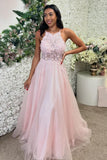 Pink Appliques Halter Tulle A Line Prom Dress
