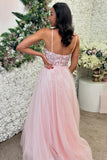 Pink Appliques Halter Tulle A Line Prom Dress