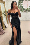 Black Pleated Corset Tight Off The Shoulder Prom Dress