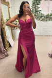 Fuchsia Appliques Pleated Corset Tight Prom Dress with Slit