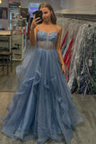 Sparkly Beaded Grey Blue Organza A Line Prom Dress