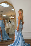 Glitter Blue Mermaid Corset Beaded Prom Dress with Slit
