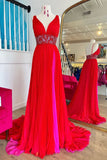 Red Draped A Line V Neck Prom Dress with Beaded