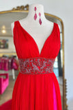 Red Draped A Line V Neck Prom Dress with Beaded