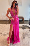Glitter Fuchsia Halter Neck Beaded Mermaid Long Prom Dress with Slit