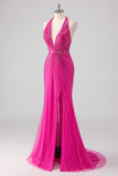 Glitter Fuchsia Halter Neck Beaded Mermaid Long Prom Dress with Slit