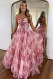 Corset Blush Floral A Line Long Prom Dress